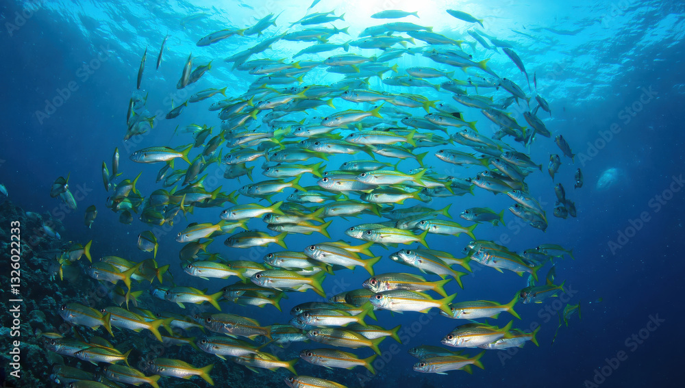 Naklejka premium A large school of tropical fish glides gracefully through the clear blue waters of the ocean, surrounded by a stunning coral reef teeming with marine life. Sunlight filters through the surface