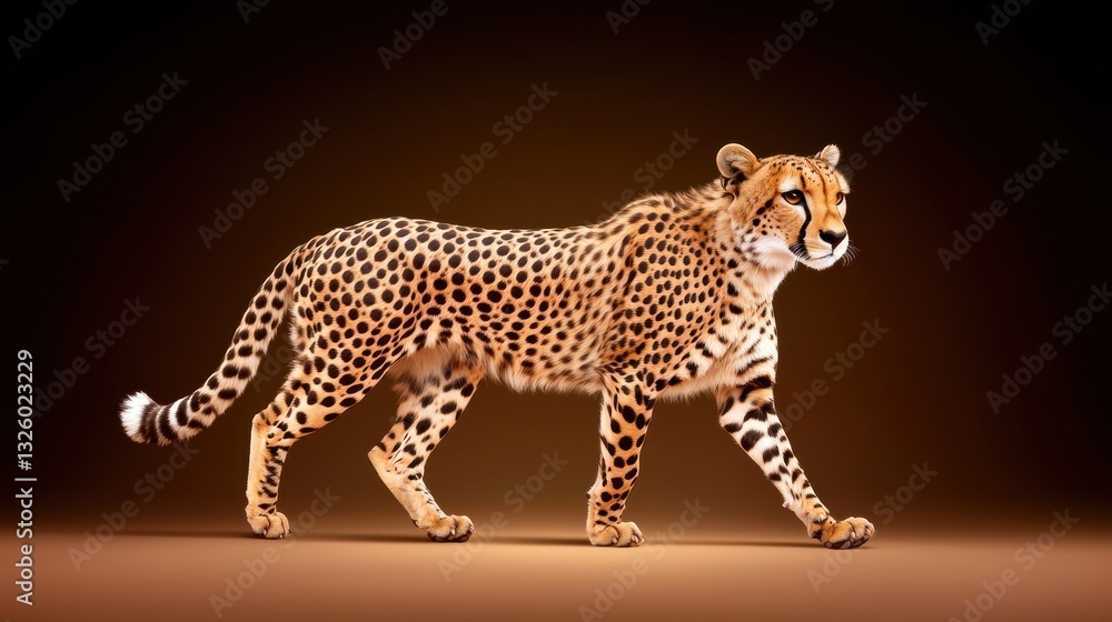 Fototapeta premium A cheetah gracefully walks against a warm, neutral background, highlighting its distinctive spotted coat and elegant physique.