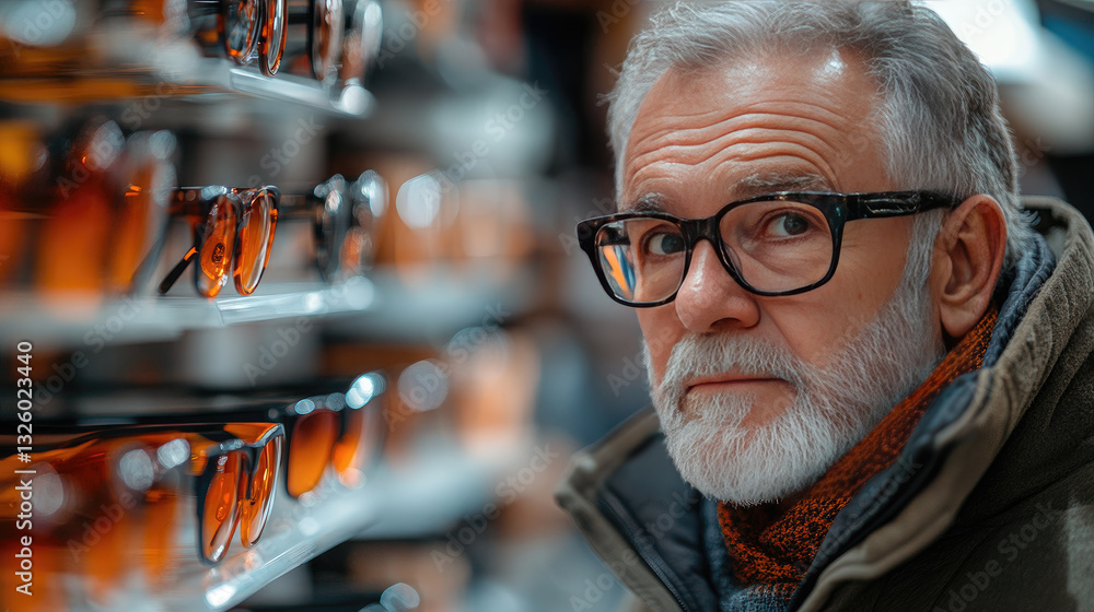 Fototapeta premium Elderly man trying on glasses in an optics store. Choosing stylish frames and lenses for vision correction. copy space, banner,