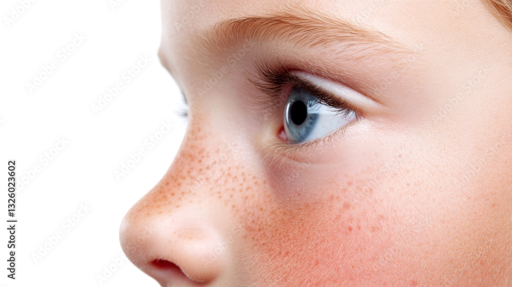 Obraz premium Profile of young child highlighting delicate features, including freckles, blue eye, and eyelashes, conveying concepts of childhood, innocence, and natural beauty