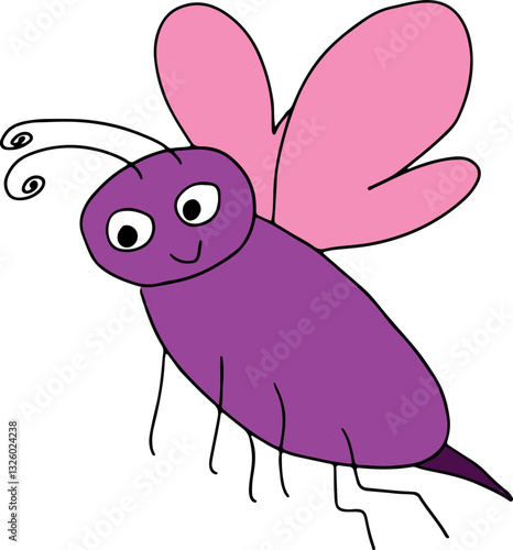funny flying purple insect with antennae and an awl on its abdomen and pink wings