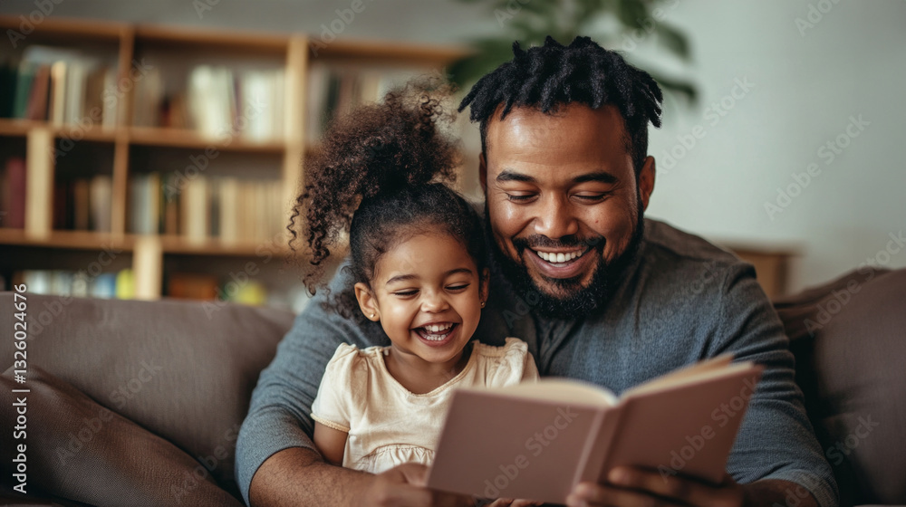Father and daughter enjoy a joyful reading session on a cozy couch at home in the afternoon Father and daughter enjoy a joyful reading session on a cozy couch at home in the afternoon