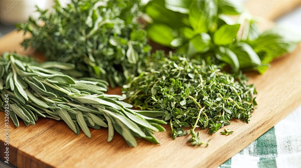 A close-up of fresh herbs being chopped on a wooden cutting board in a bright kitchen digital A close-up of fresh herbs being chopped on a wooden cutting board in a bright kitchen digital
