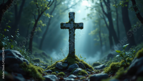 A solitary cross stands as a focal point in a misty forest with sunlight streaming through trees, symbolizing hope and faith.