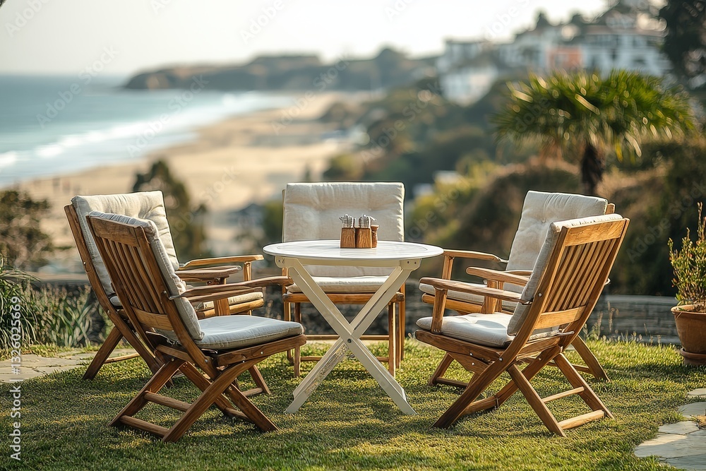Outdoor dining set with wooden director’s chairs and a white steel coffee table on grass, overlooking a beach view. Elegant summer patio furniture for relaxation and leisure. Outdoor dining set with wooden director’s chairs and a white steel coffee table on grass, overlooking a beach view. Elegant summer patio furniture for relaxation and leisure.