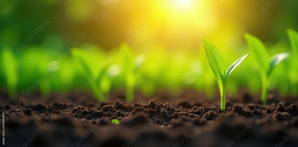 Corn stalks emerging from soil, sunlight illuminating leaves, farming, nature, maize Corn stalks emerging from soil, sunlight illuminating leaves, farming, nature, maize