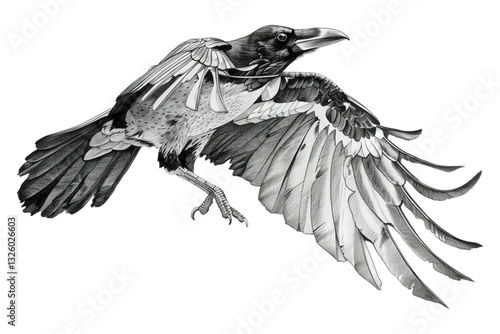 Detailed Raven in Flight - Stunning Black and White Drawing