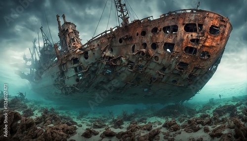 A big old rusty ship with holes ran aground near the shore generated in AI