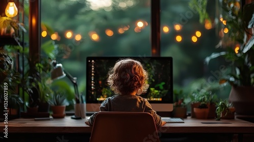 Wallpaper Mural Young Child Engrossed in Computer Work at a Cozy Desk Setting Torontodigital.ca