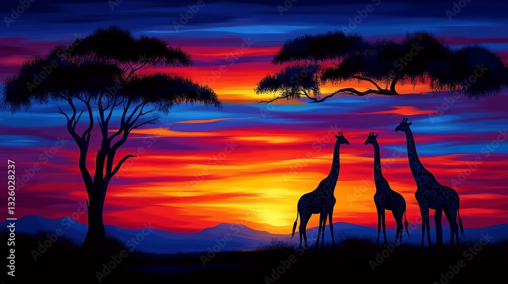 Three giraffes and two trees are silhouetted against colorful stripes of orange Three giraffes and two trees are silhouetted against colorful stripes of orange