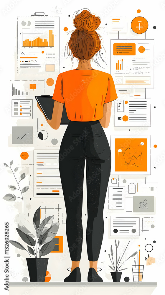 Woman Reviews Data Charts and Graphs on a Tablet, Illustrated Abstract Background with Minimalist Plants Woman Reviews Data Charts and Graphs on a Tablet, Illustrated Abstract Background with Minimalist Plants