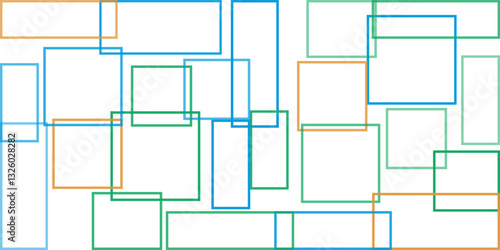 Simple Overlapping Rectangular Frames of Various Sizes, Colored in Green, Brown and Blue - Geometric Shapes Pattern, Texture on Wide Scale White Background - Design Template in Editable Vector