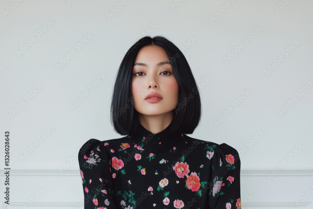 Young asian woman posing with floral dress and bob haircut Young asian woman posing with floral dress and bob haircut