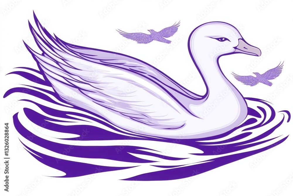 Fototapeta premium A stylized purple swan glides gracefully on swirling water, with two smaller birds flying above, creating a serene and artistic scene.