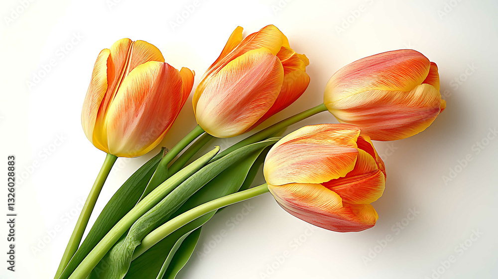 Beautiful bunch of fresh orange tulips in full bloom against white background. Copy space for text. Spring flowers Beautiful bunch of fresh orange tulips in full bloom against white background. Copy space for text. Spring flowers