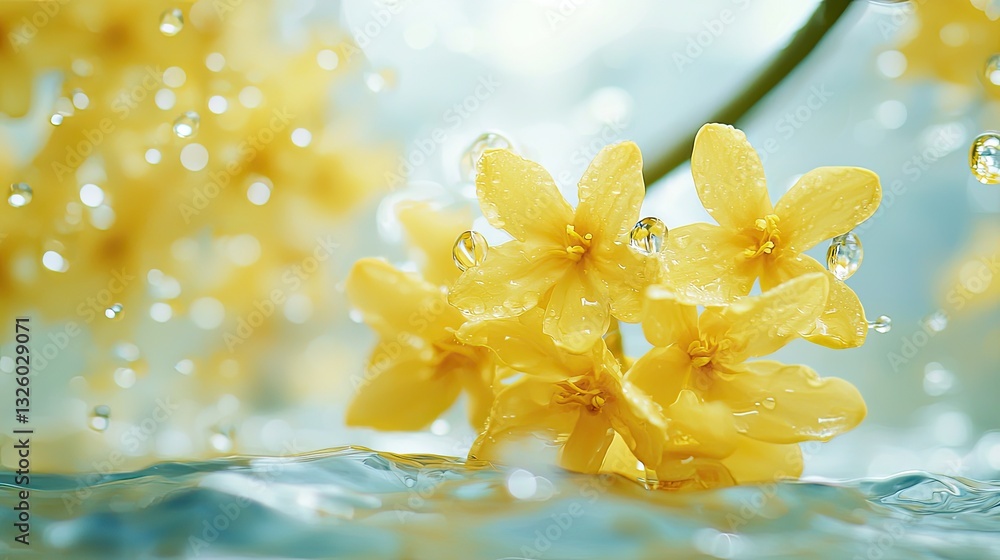 Fototapeta premium A yellow osmanthus flower with water droplets in the water, the foreground is fuzzy yellow osmanthus, The bottom is transparent water, clear and bright style, photography, Ultra HD