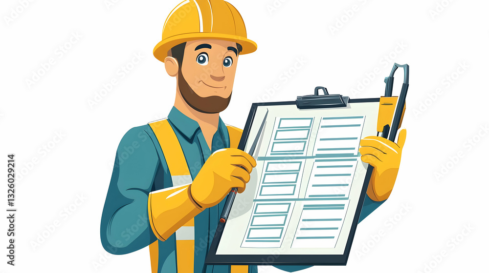 Construction Worker Reviews Checklist with Tools, Illustration Construction Worker Reviews Checklist with Tools, Illustration