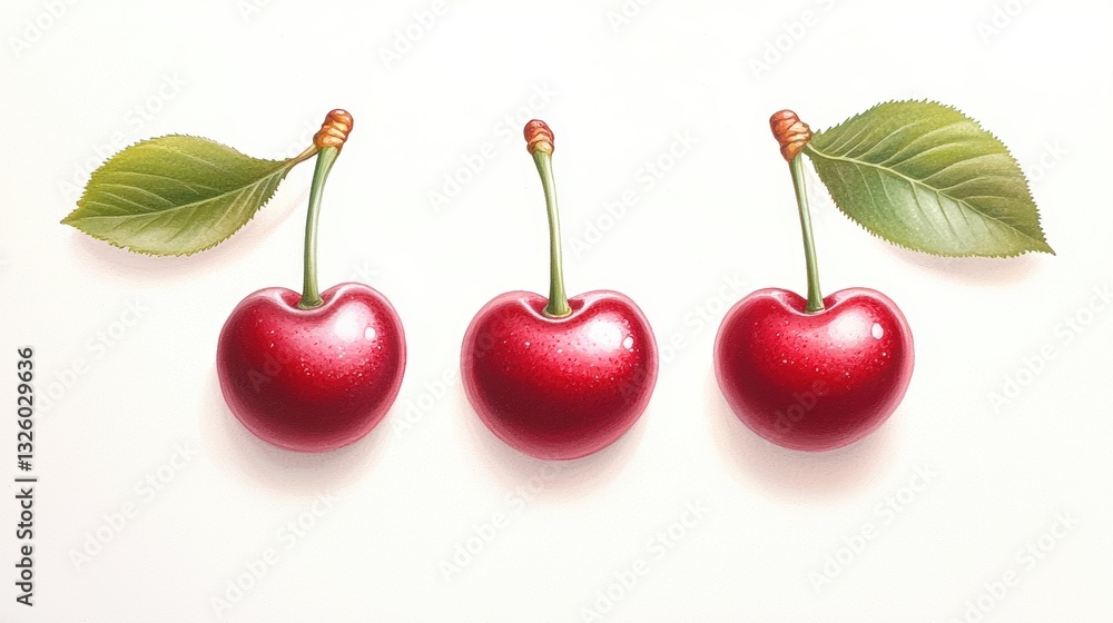 Three bright red cherries with green leaves arranged neatly on a light background, showcasing their vibrant color and freshness. Three bright red cherries with green leaves arranged neatly on a light background, showcasing their vibrant color and freshness.