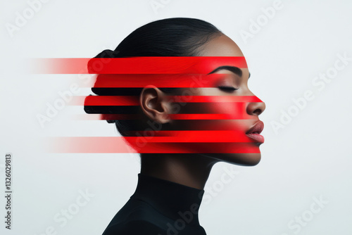 Fashion model with red stripes covering face posing in studio
