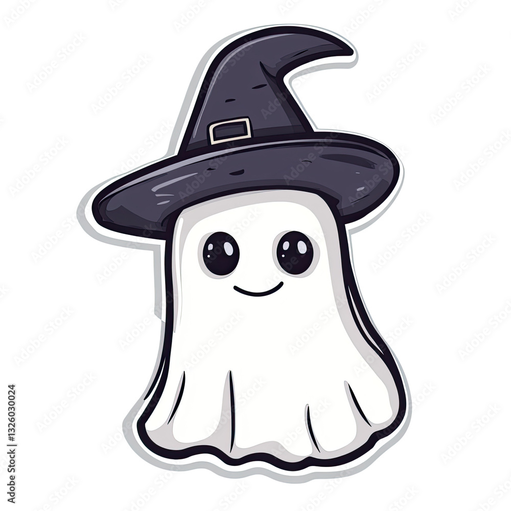 Vector sticker of a cute cartoon ghost wearing a witch hat, simple doodle with sharp lines, on a white background, , white background png Vector sticker of a cute cartoon ghost wearing a witch hat, simple doodle with sharp lines, on a white background, , white background png