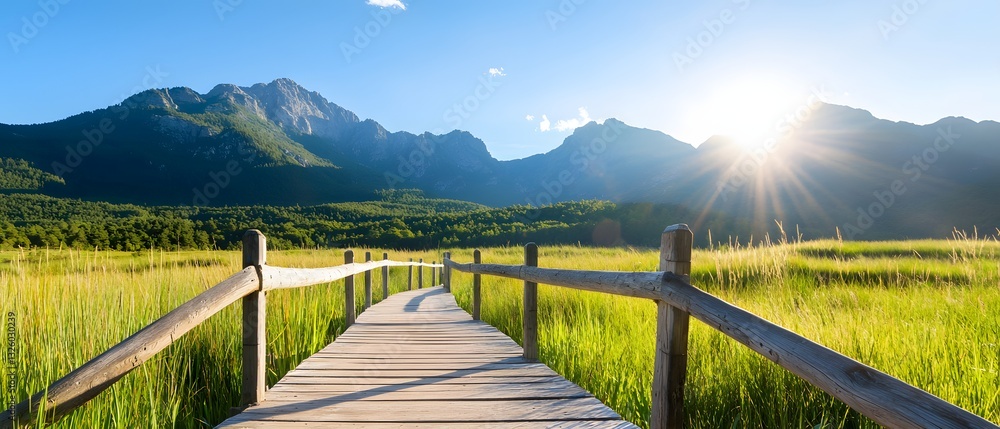Fototapeta premium Breathtaking sunrise over mountain landscape nature reserve photography open fields wide angle serenity and beauty