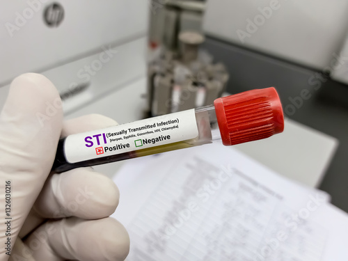 Doctor hold Blood sample for STI (Sexually Transmitted Infection) Test. Positive result test tube.