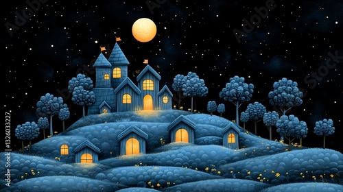 Wallpaper Mural Whimsical Night Scene with Castle and Houses Torontodigital.ca