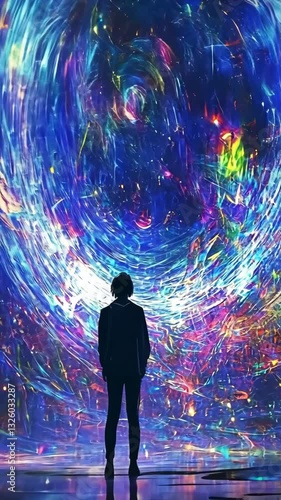 Individual admires vibrant light display in modern art installation in an urban gallery at night