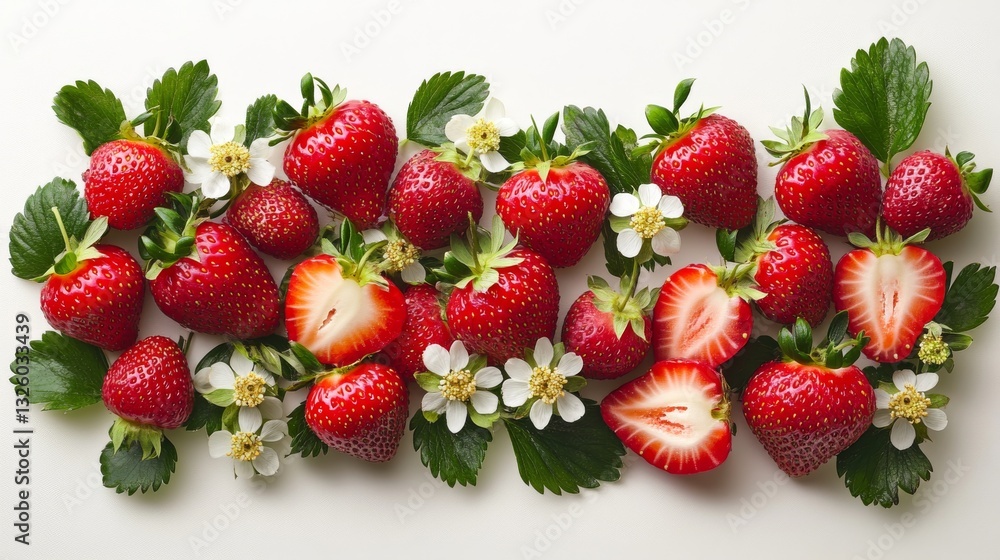 65.A bright and cheerful arrangement of strawberries, including glossy whole berries, sliced halves with realistic seed textures, and small clusters of strawberry blossoms and foliage, presented on a 65.A bright and cheerful arrangement of strawberries, including glossy whole berries, sliced halves with realistic seed textures, and small clusters of strawberry blossoms and foliage, presented on a