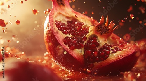 A close-up of a pomegranate being sliced open, vibrant juice spilling out, warm lighting. digital