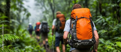 Adventure hiking in lush forested trails nature exploration outdoor activity scenic landscape group journey