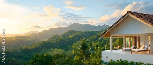 Serene sunset view from luxurious villa overlooking lush mountains bali landscape photography tranquil environment aesthetic perspective