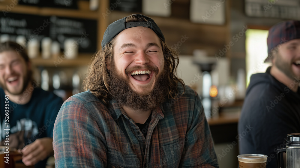 group of joyful friends share laughter in cozy coffee shop, celebrating camaraderie and good times, creating memory of pure happiness group of joyful friends share laughter in cozy coffee shop, celebrating camaraderie and good times, creating memory of pure happiness