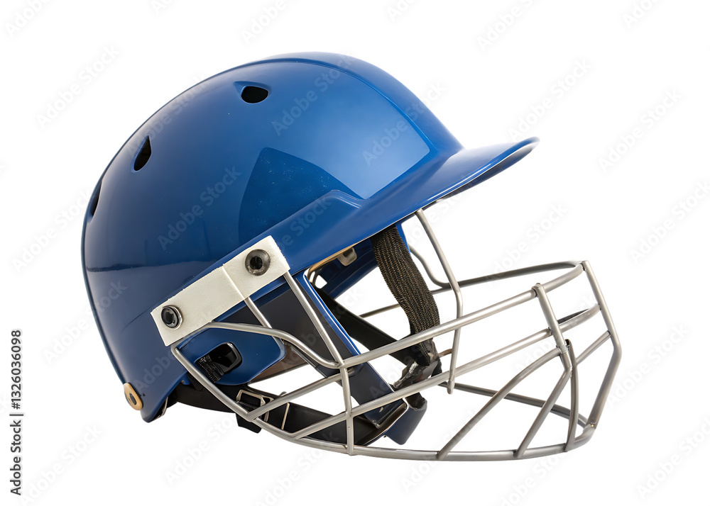 Fototapeta premium blue cricket helmet with protective grill isolated on white background PNG. GENERATIVE AI