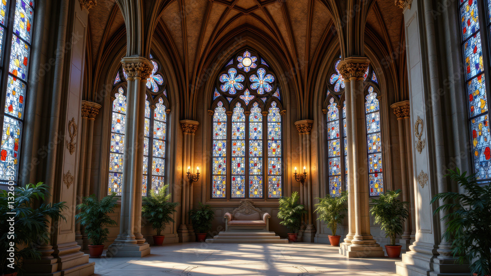 Fototapeta premium Grand cathedral interior with stained glass windows and arches.