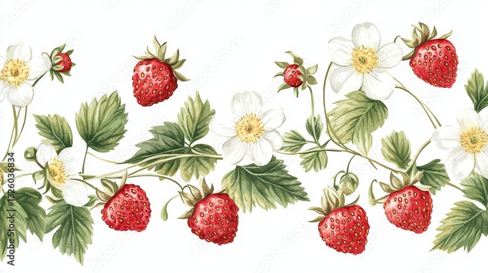 92.A hand-drawn illustration set of wild strawberries featuring small, vibrant red berries with textured surfaces, surrounded by delicate white flowers and lush green leaves, arranged on a clean 92.A hand-drawn illustration set of wild strawberries featuring small, vibrant red berries with textured surfaces, surrounded by delicate white flowers and lush green leaves, arranged on a clean