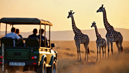 Safari tour vehicle observing majestic giraffes at sunset in the African savanna
