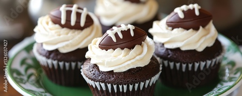 A close up of six chocolate cupcakes with white frosting and football designs on top, on a green and white plate.