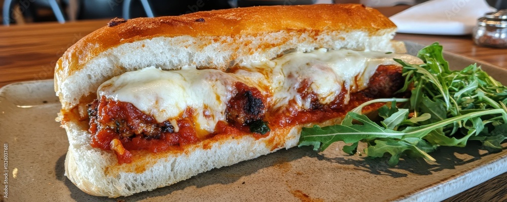 A close-up of a delicious meatball sub with marinara sauce, melted mozzarella cheese, and a side of arugula.