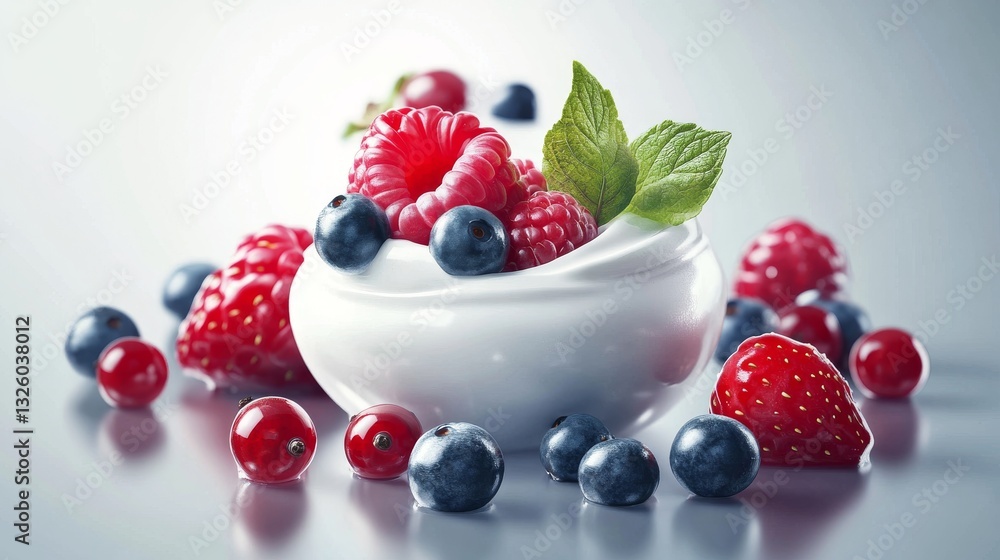 46.A photorealistic 3D vector illustration of ripe berries and fruits paired with thick, smooth yogurt. The elements are displayed with high detail, including reflections and shadows for depth. 46.A photorealistic 3D vector illustration of ripe berries and fruits paired with thick, smooth yogurt. The elements are displayed with high detail, including reflections and shadows for depth.