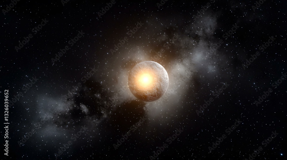 Fototapeta premium The image shows a celestial body, possibly a planet or moon, with a bright, luminous core visible through a seemingly fractured surface. It is set against a backdrop of a dark, star-filled space wit