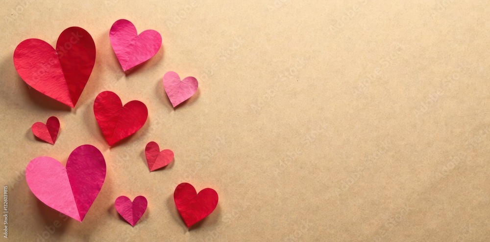 Several torn paper hearts scattered on kraft paper background, photography, grief, abstract Several torn paper hearts scattered on kraft paper background, photography, grief, abstract