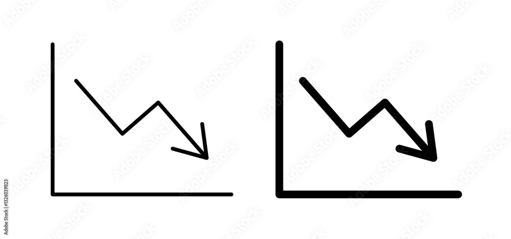 Arrow trend-down vector icon set black filled and outlined style. Arrow trend-down vector icon set black filled and outlined style.