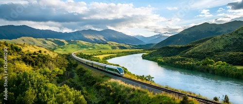 Train journey through lush mountains along a serene river new zealand landscape photography natural beauty scenic view