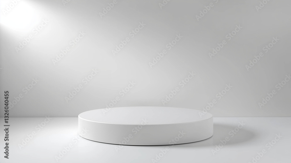 Shiny white round pedestal podium. Abstract high quality 3d concept illuminated pedestal by spotlights on white background. Futuristic background can be add on banners flyers ro web. 3d render Shiny white round pedestal podium. Abstract high quality 3d concept illuminated pedestal by spotlights on white background. Futuristic background can be add on banners flyers ro web. 3d render