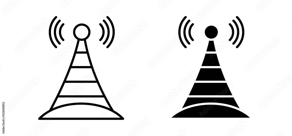 Broadcast tower vector icon set black filled and outlined style. Broadcast tower vector icon set black filled and outlined style.