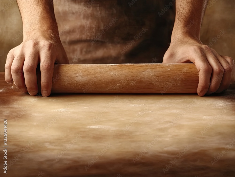 A pair of hands using a rolling pin on a flat surface, indicative of baking or cooking preparations. A pair of hands using a rolling pin on a flat surface, indicative of baking or cooking preparations.