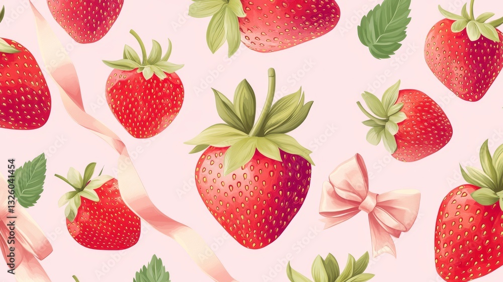 5.A seamless vector pattern of strawberries in various orientations, surrounded by clusters of vivid green leaves and elegant ribbon bows. The soft pink backdrop adds a cheerful and lighthearted 5.A seamless vector pattern of strawberries in various orientations, surrounded by clusters of vivid green leaves and elegant ribbon bows. The soft pink backdrop adds a cheerful and lighthearted