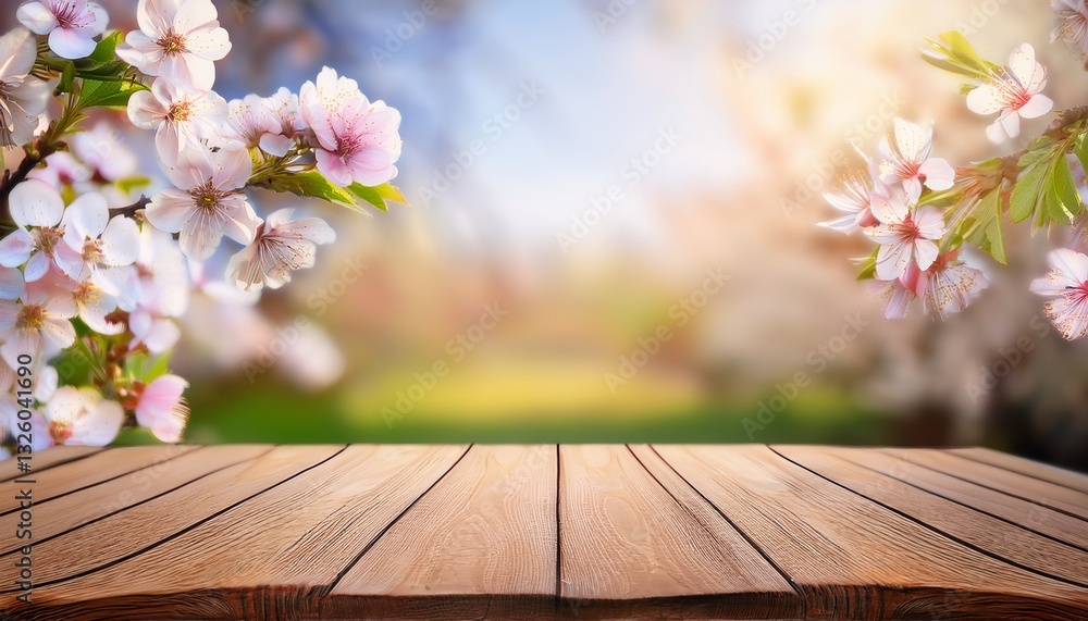 Natural empty wooden table surrounded by fresh blooming spring flowers with a delicate soft bokeh background, ideal for product showcase and marketing visuals Natural empty wooden table surrounded by fresh blooming spring flowers with a delicate soft bokeh background, ideal for product showcase and marketing visuals