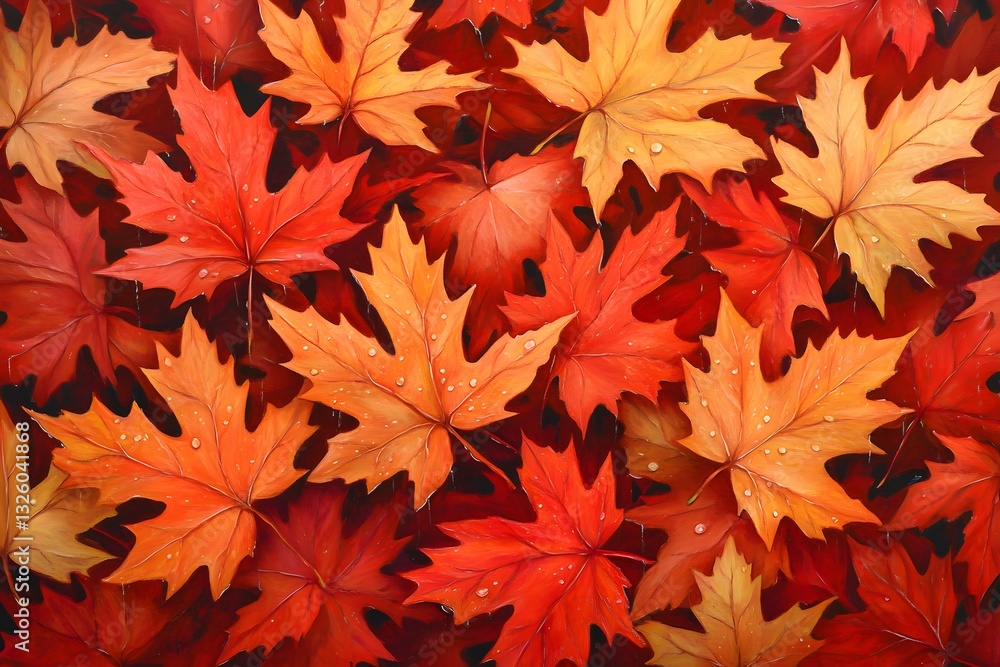 Vibrant Autumn Maple Leaves with Dew Drops Painting Vibrant Autumn Maple Leaves with Dew Drops Painting